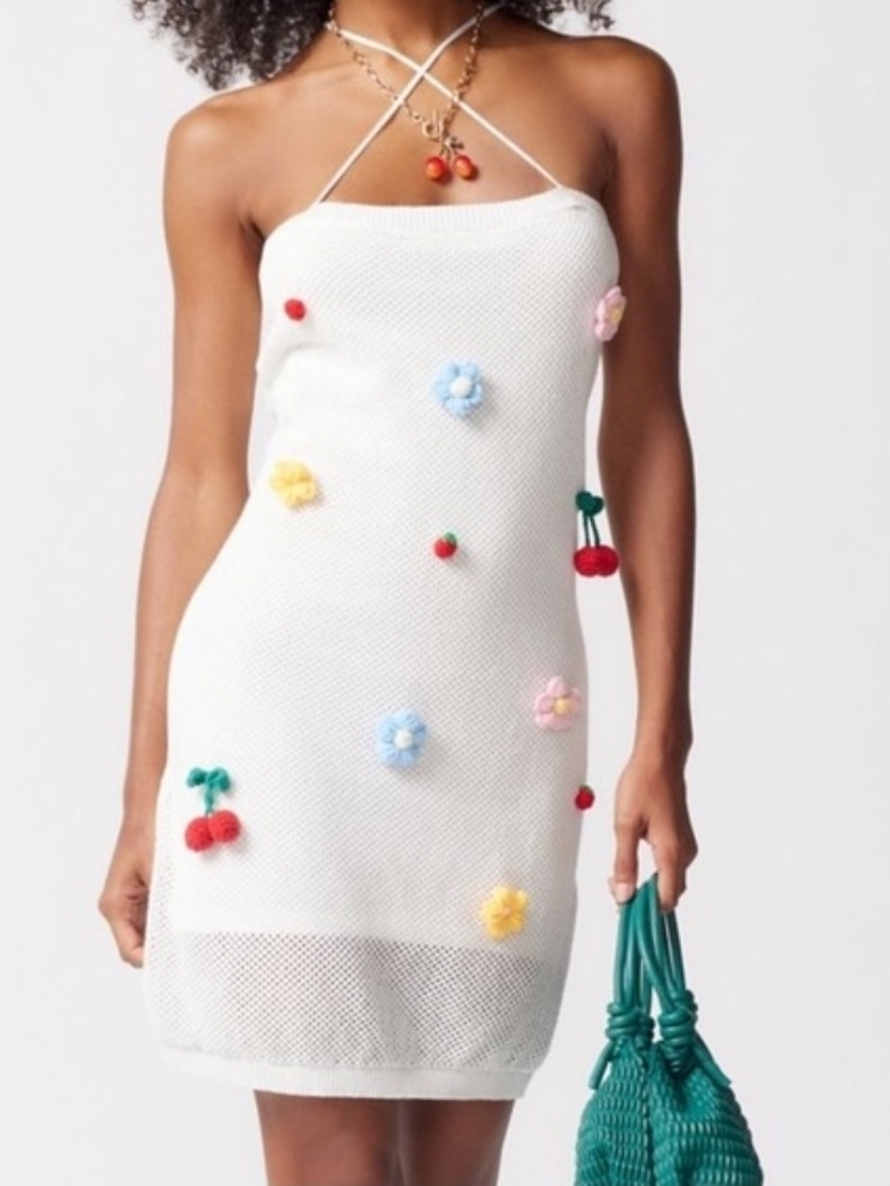 White Knit Mini Dress with Colorful Pom Flower & Cherry Appliqués.M